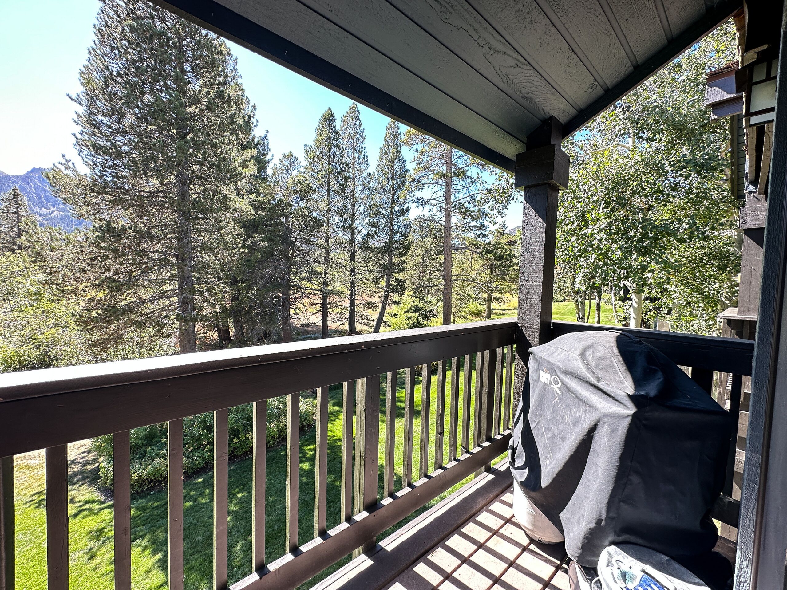 A wooden deck with a grill and a covered barbecue.