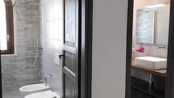 Shower, hair dryer, bidet, towels
