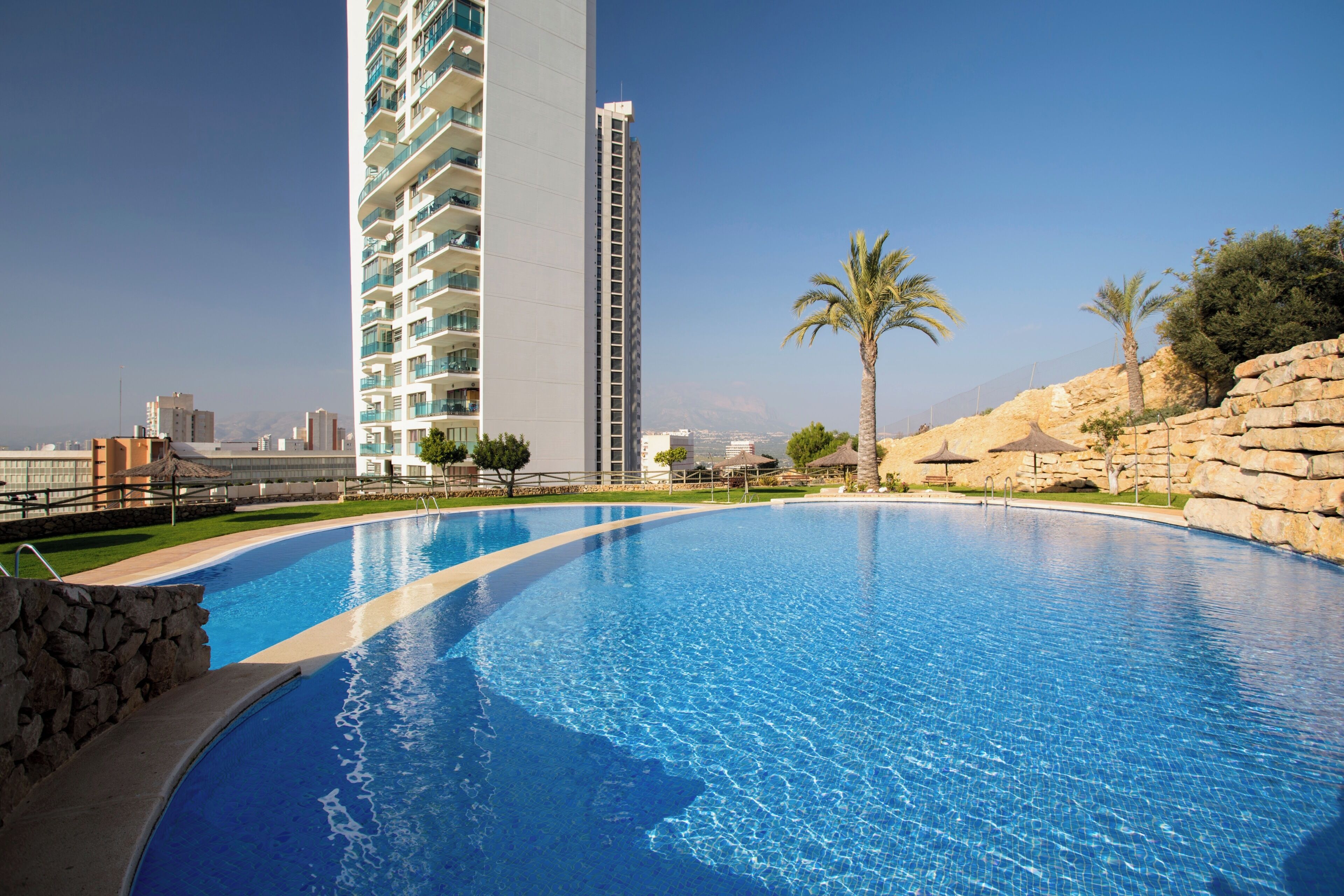 A swimming pool with a curved edge, a tall building in the background, and a rocky landscape with palm trees.