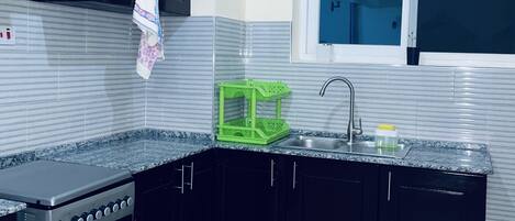 Fridge, microwave, oven, electric kettle