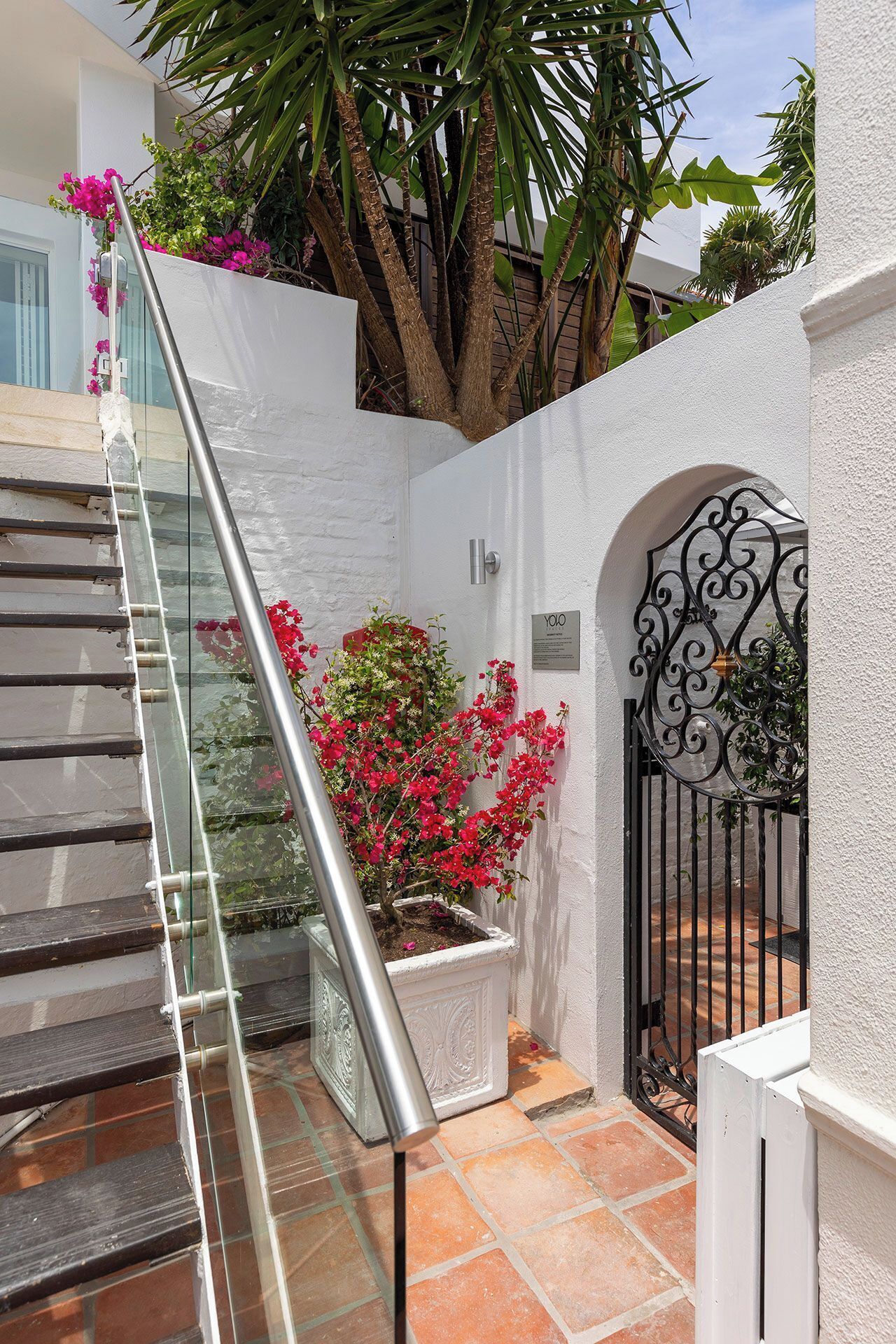 A staircase with a glass railing, a white wall with a metal gate, and a potted plant with red flowers.
