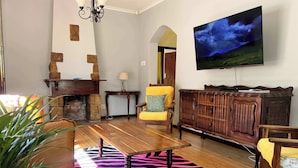 A living room with a fireplace, a television mounted on the wall, a zebra-patterned rug, and wooden furniture. - Fuss-Free Family home | Pool & Fireplace (Cape Town)