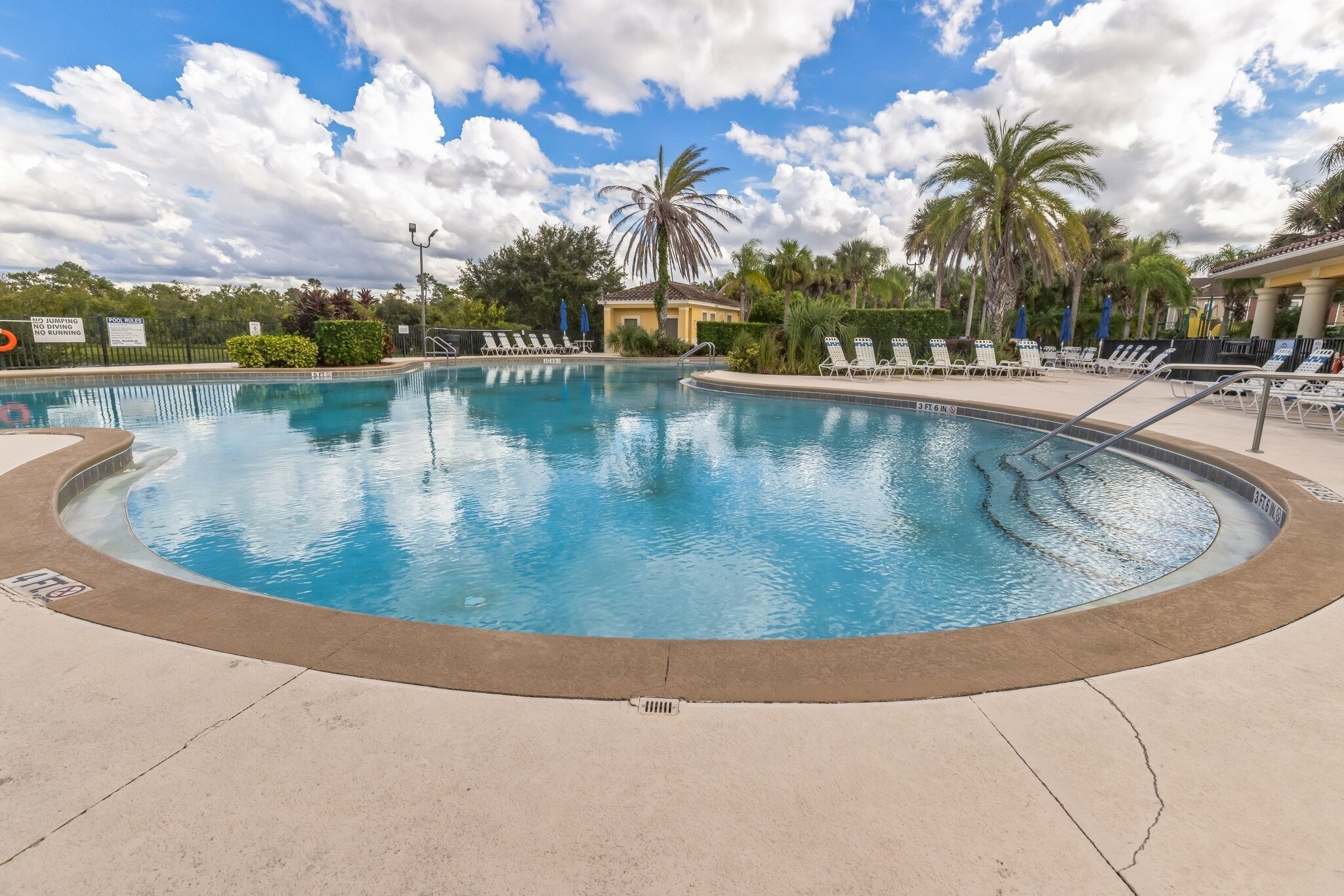 A circular pool with lounge chairs around it, palm trees, and a clear sky.