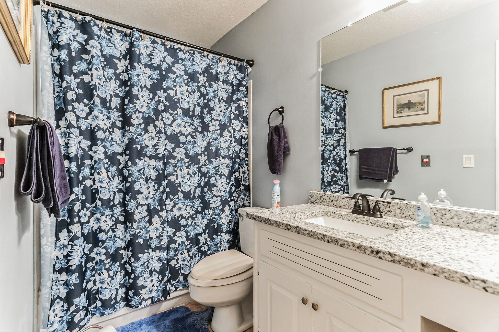 Ein Badezimmer mit floralem Duschvorhang, Toilette, Waschbecken mit Spiegel und Handtuchhalter.
