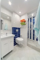 Basic-Apartment | Badezimmer | Dusche, Haartrockner, Handtücher, Seife