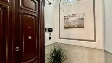 Vestíbulo de hotel con puerta de madera, planta en maceta, cámara de seguridad e imagen enmarco de un edificio histórico.