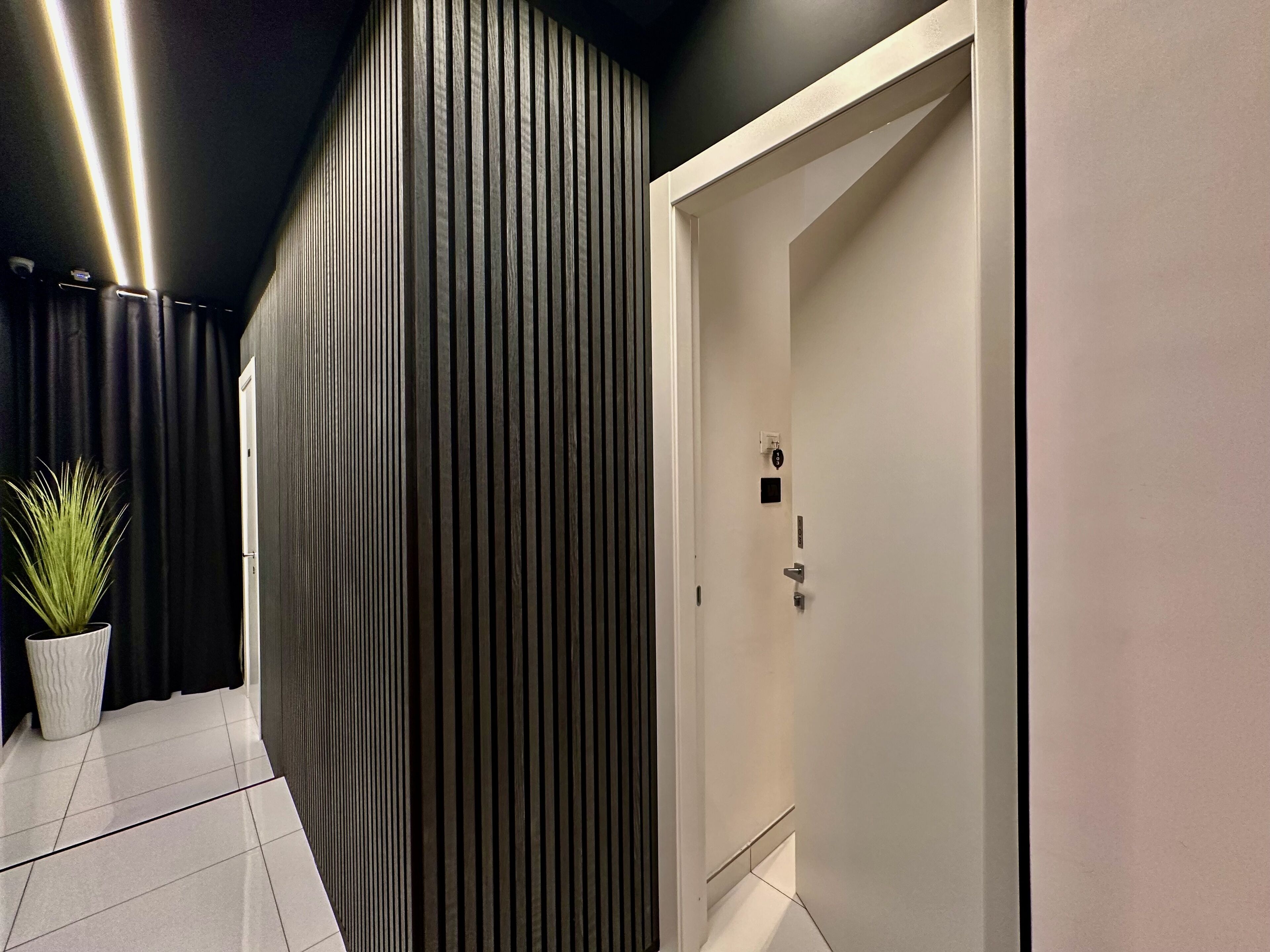 A modern hallway with a vertical wooden panel wall, a white door with a keyhole, and a potted plant on the left.