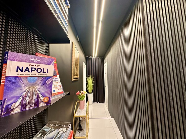Un couloir étroit, avec une étagère où sont exposées des brochures de voyage, une plante en pot et un tableau encadré au mur.