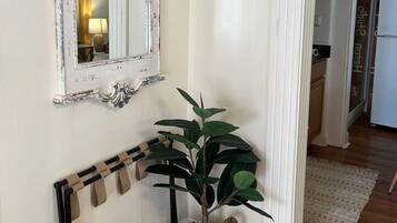 Un couloir orné d’un miroir décoratif, avec une plante dans un panier tressé, et une porte donnant sur une autre pièce.