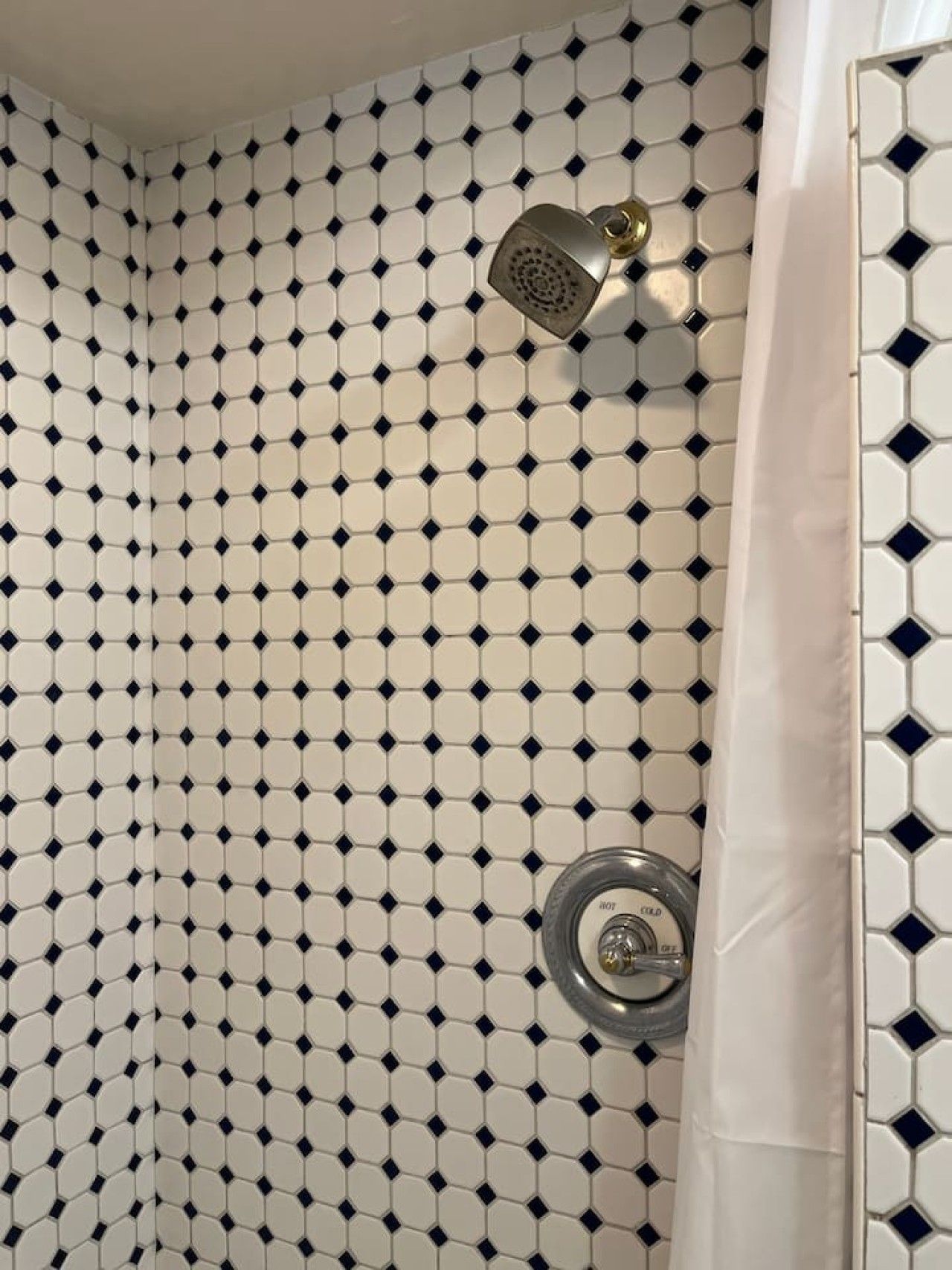 A bathroom with a geometric patterned tile wall, a showerhead, and a toilet.