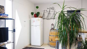 Un espace de vie compact comprenant un réfrigérateur blanc, un téléviseur posé sur un meuble, une plante en pot, un tonneau en bois et un porte-vélo fixé au mur.