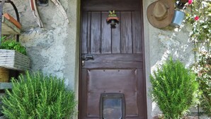A rustic wooden door with a bell, flanked by two potted plants, under a stone archway with a lantern. - RUSTIC BELLAVISTA (Caneggio)