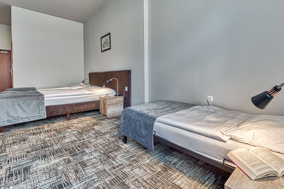 A room with two single beds, a nightstand with a lamp, a wall socket, and a framed picture.