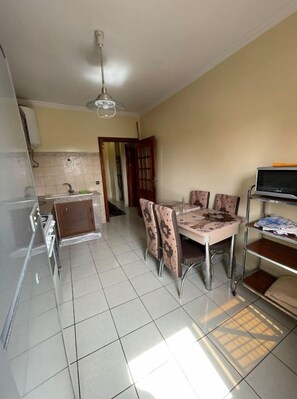 Compact kitchen and dining area with stove, sink, and ceiling fan, featuring a dining table and four chairs.