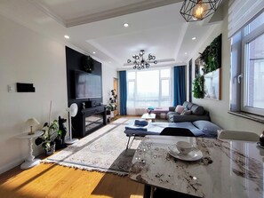 Smart TV, chimenea y libros