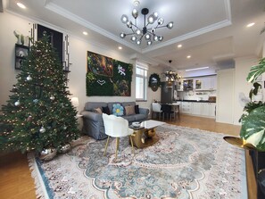 Smart TV, fireplace, books