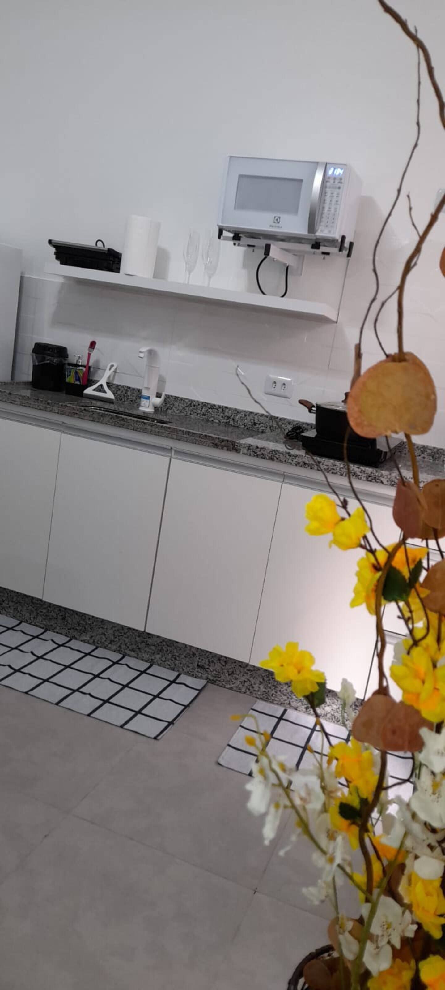 Geladeira, micro-ondas, cooktop, torradeira