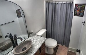 A bathroom with a granite countertop, a round sink, a toilet, and a shower curtain. - Mandrake Lodge (Kodak)