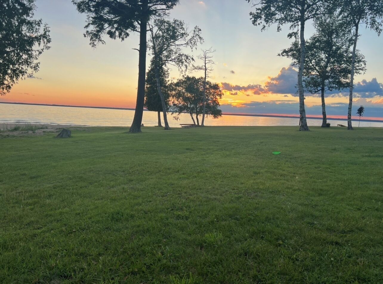Un champ verdoyant, parsemé d’arbres, avec un coucher de soleil sur une étendue d’eau.