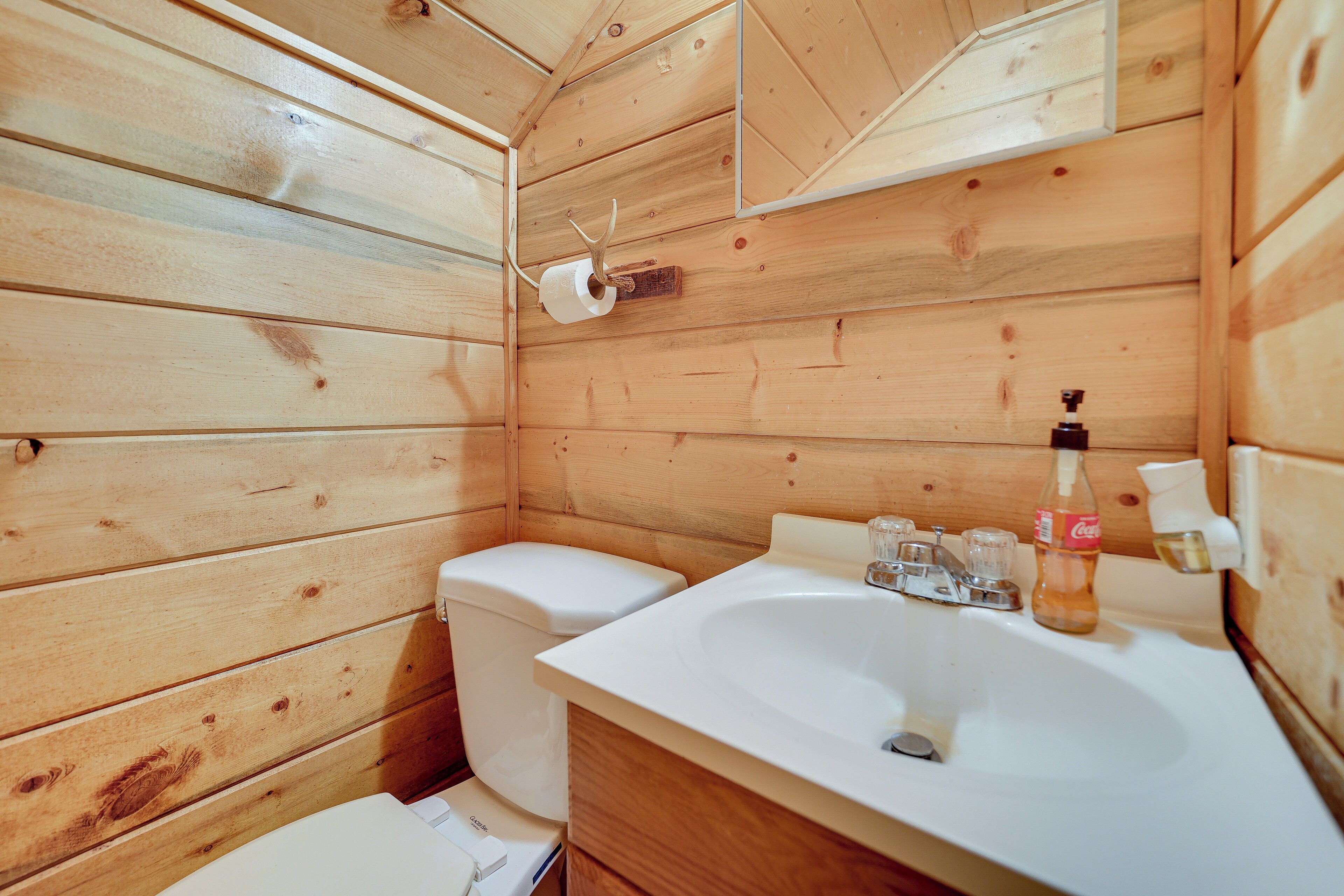 Une salle de bain rustique, aménagée dans une cabane en bois, avec des toilettes, un lavabo et un miroir.