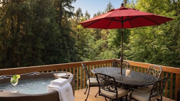 Un bain à remous sur une terrasse en bois, avec une table et des chaises, le tout entouré d’arbres.