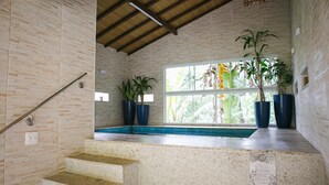 Un interior moderno con piscina, escaleras que llevan a una ventana y plantas en macetas.