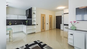 A modern kitchen with white cabinets, black countertops, and a black and white rug. There are two wooden doors and a small table with a plant. - Comfortable apartments  (Minsk)