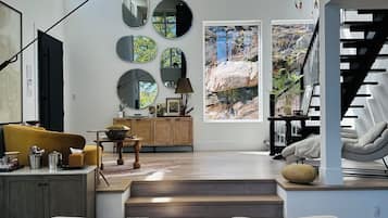 Smart TV, fireplace, table football, books