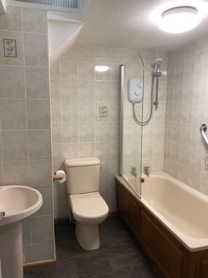 Bathroom features a toilet, sink, and bathtub, with a shower area and ceiling light.