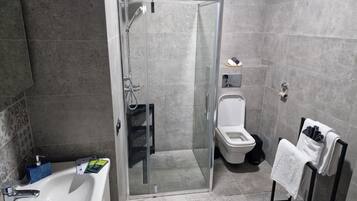 Shower, hair dryer, bidet, towels