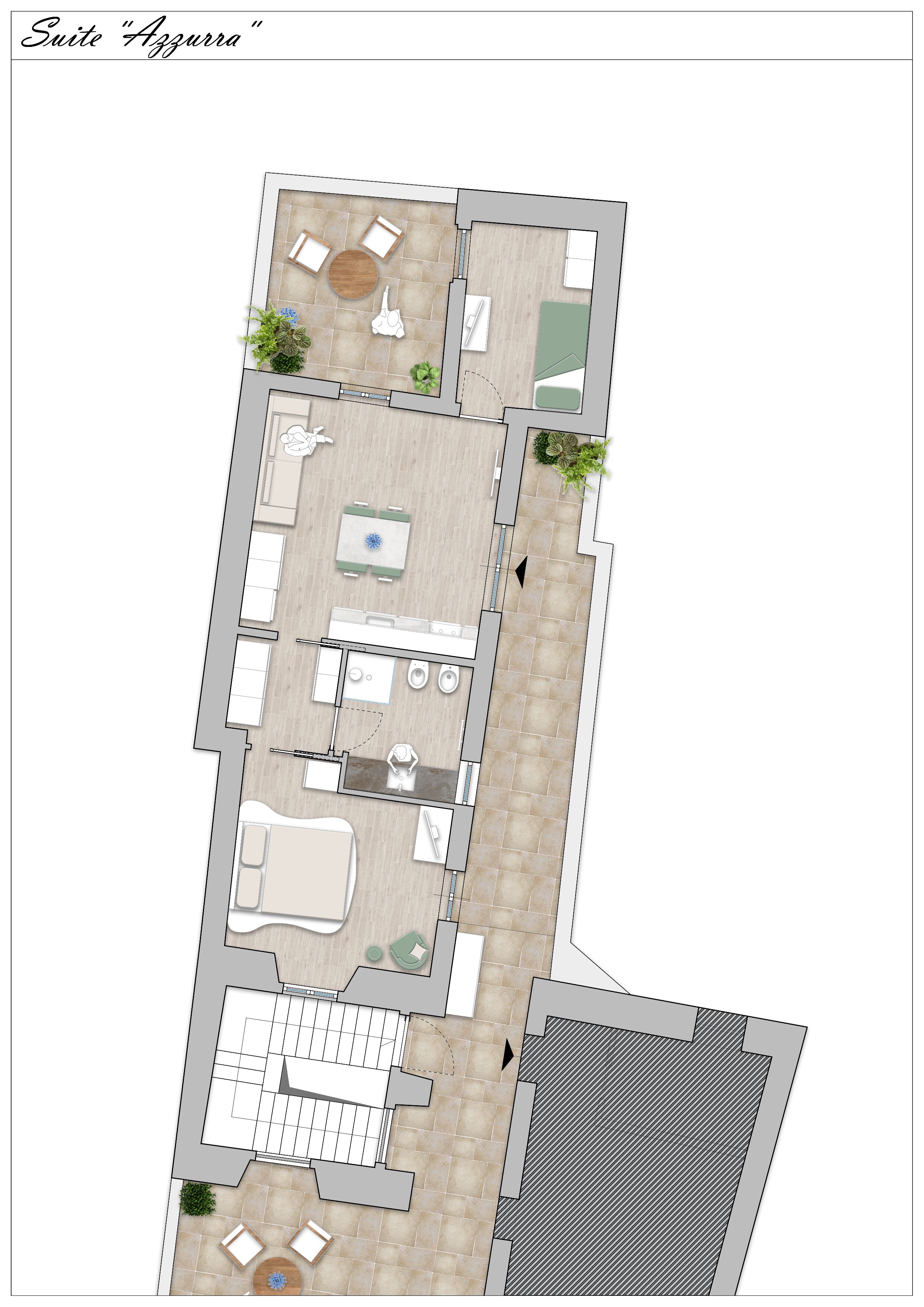 A floor plan of a hotel suite with a kitchen, dining area, two bedrooms, and a bathroom.