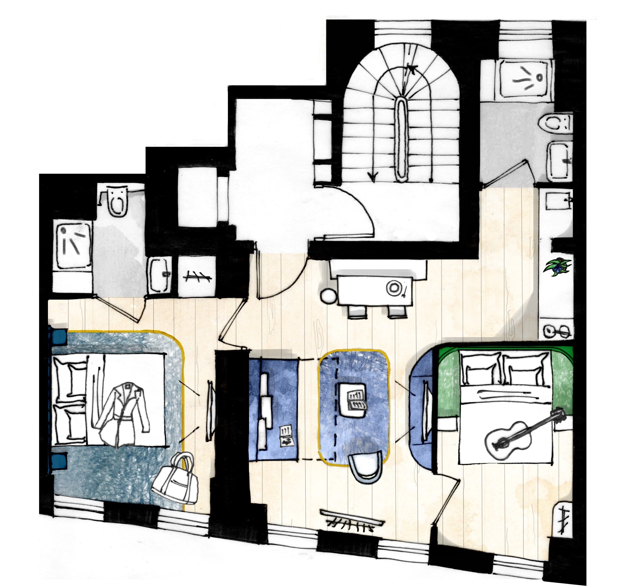 A floor plan of a hotel room with a bed, a desk, a chair, a wardrobe, a bathroom, and a small balcony.