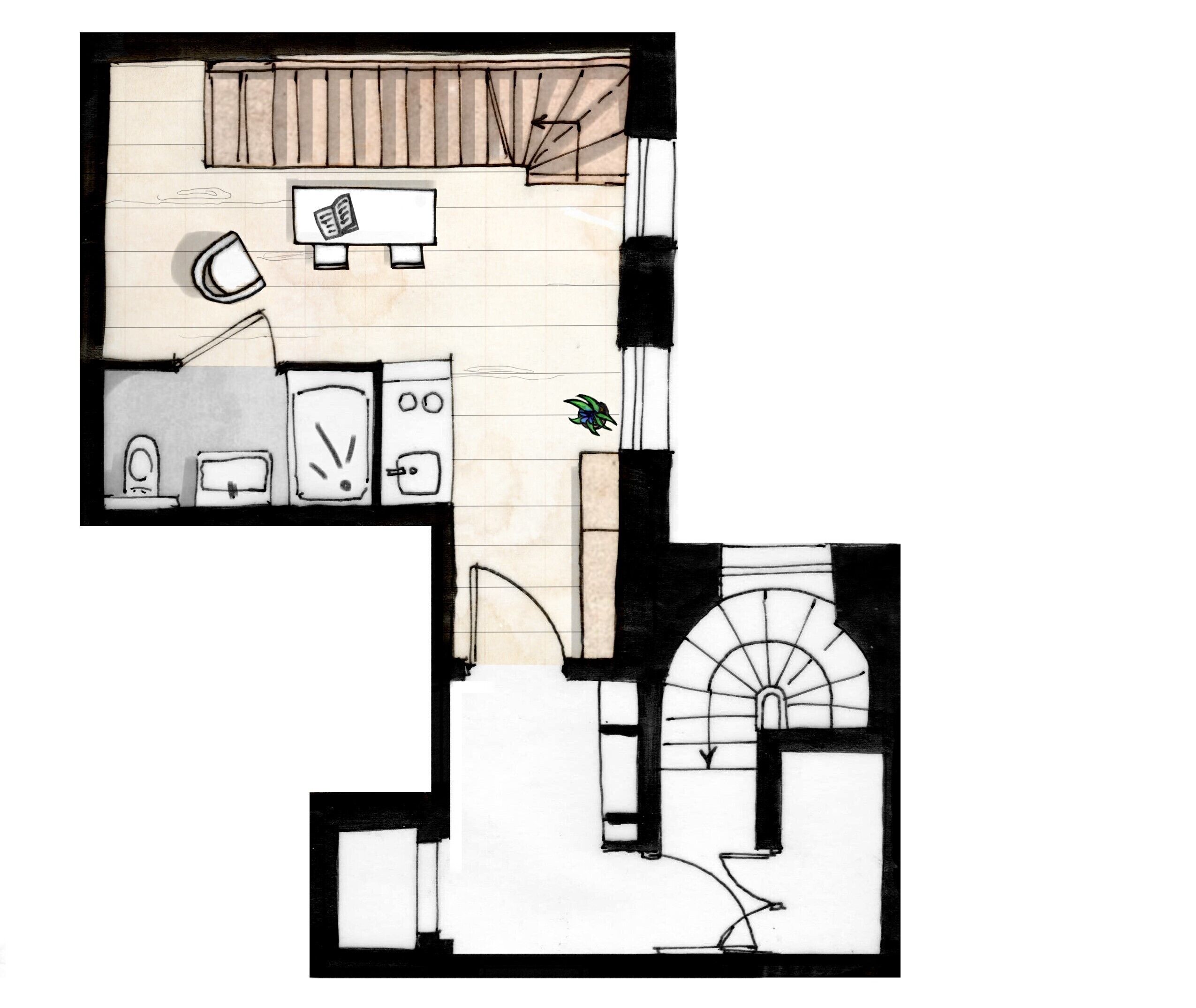 A floor plan of a hotel room with a kitchenette, a bathroom, and a small balcony.