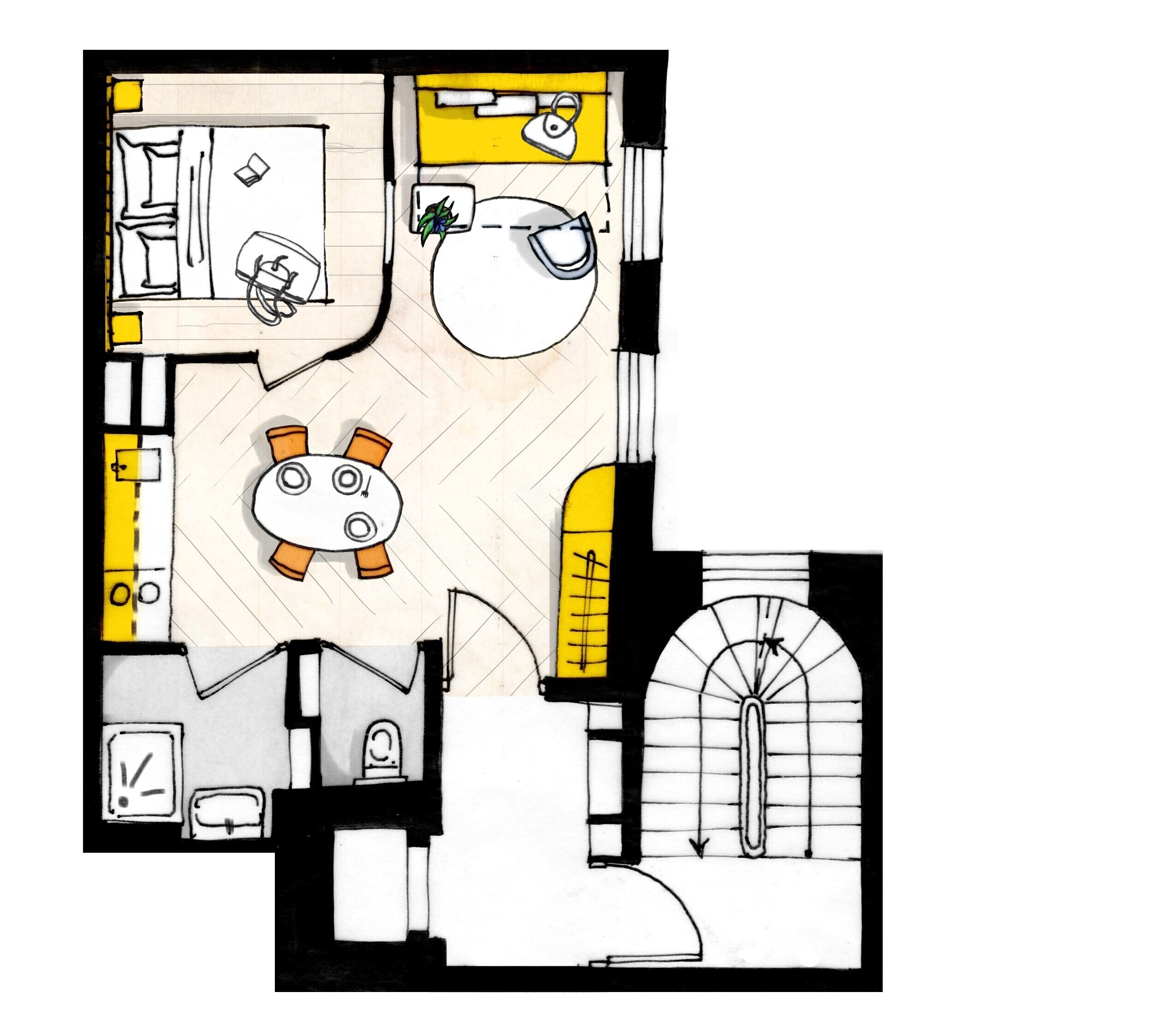 A floor plan of a hotel room with a bed, a desk, a chair, a small table, and a bathroom.