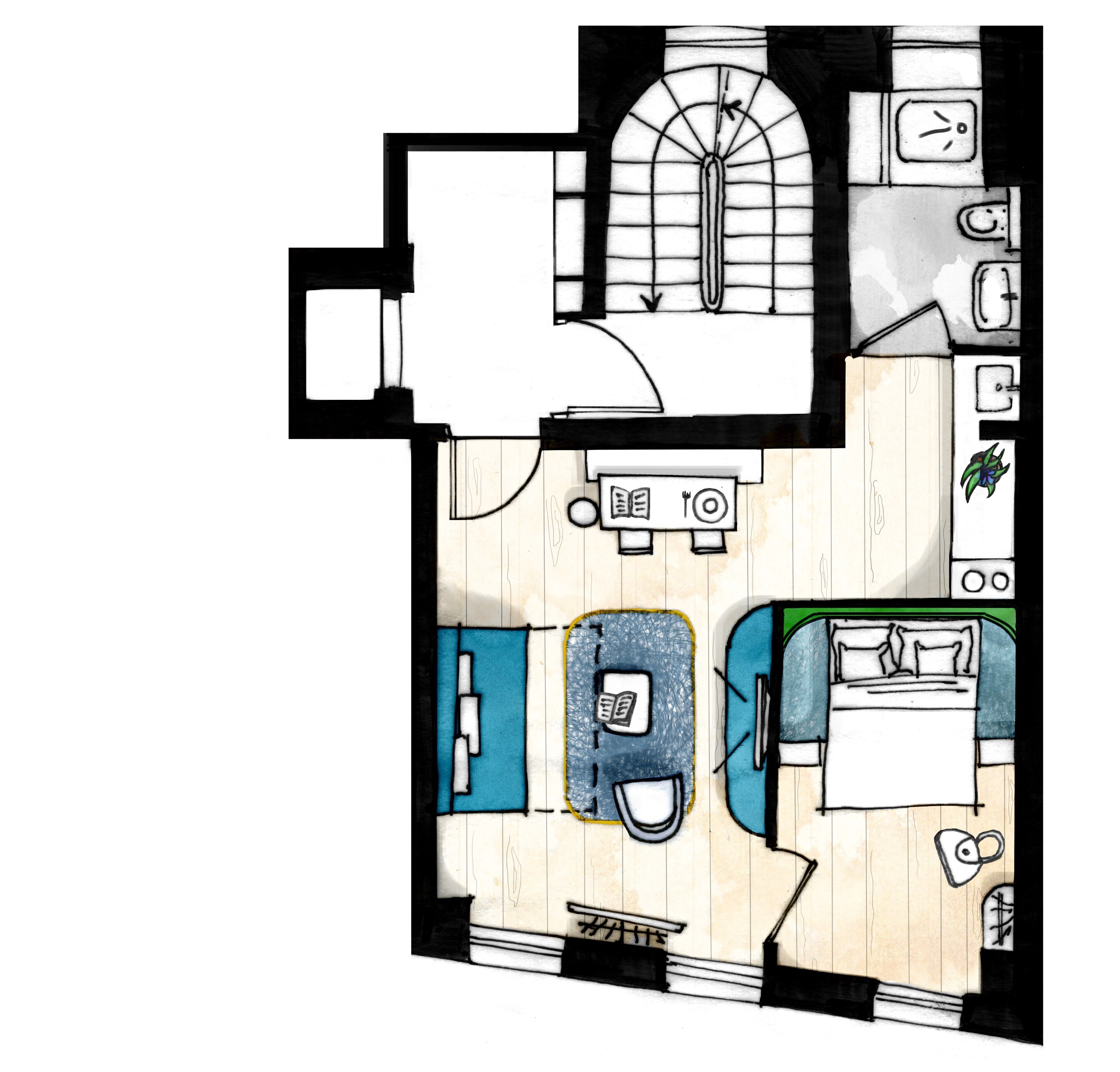 A floor plan of a hotel room with a bathroom, a kitchenette, a dining area, and a bedroom.