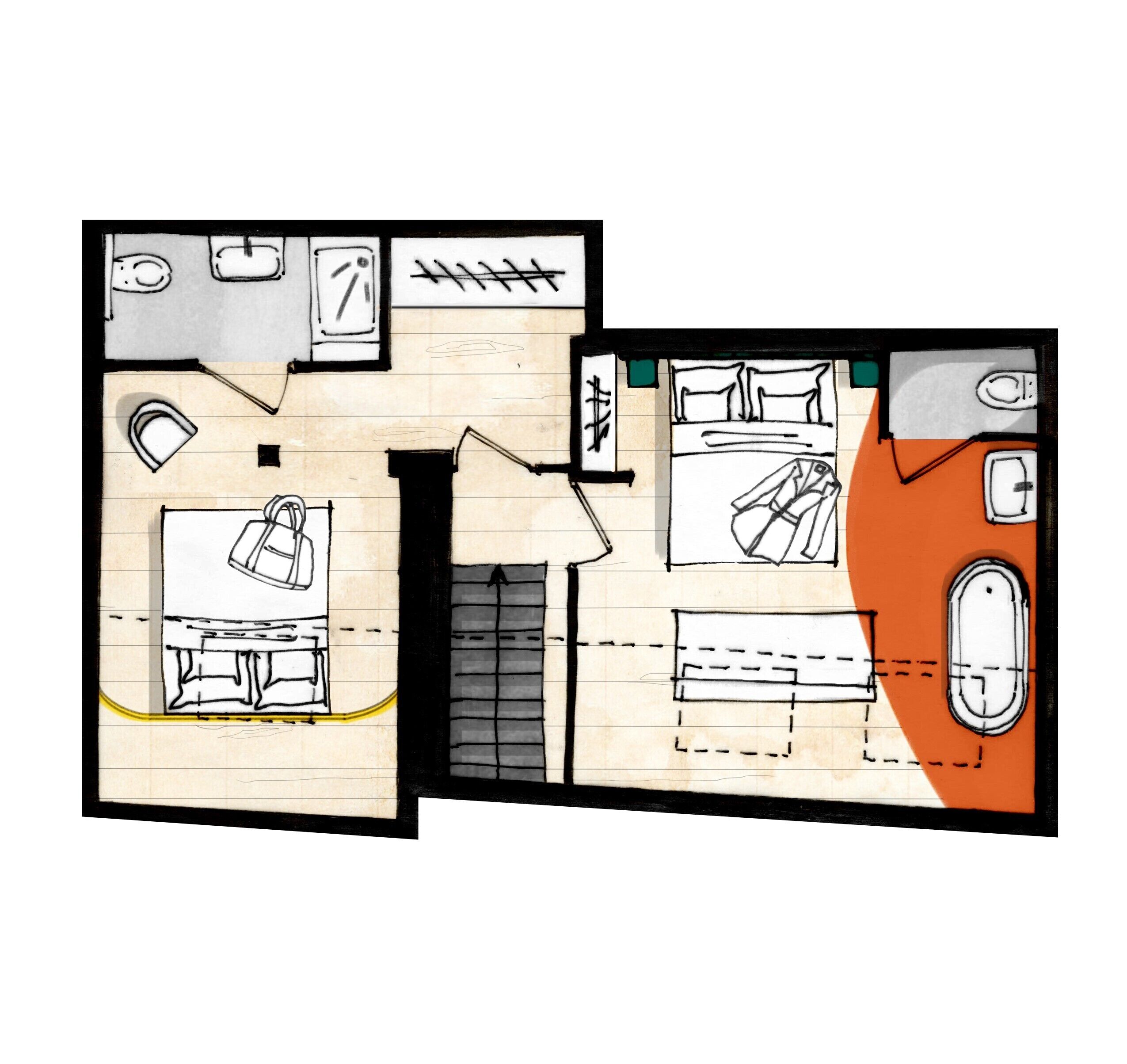 Plano de una habitación de hotel que muestra una cama, un escritorio, una silla, un armario y un baño.