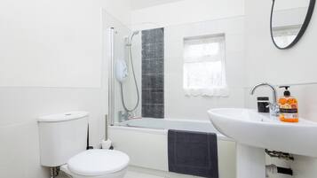 Shower, free toiletries, hair dryer
