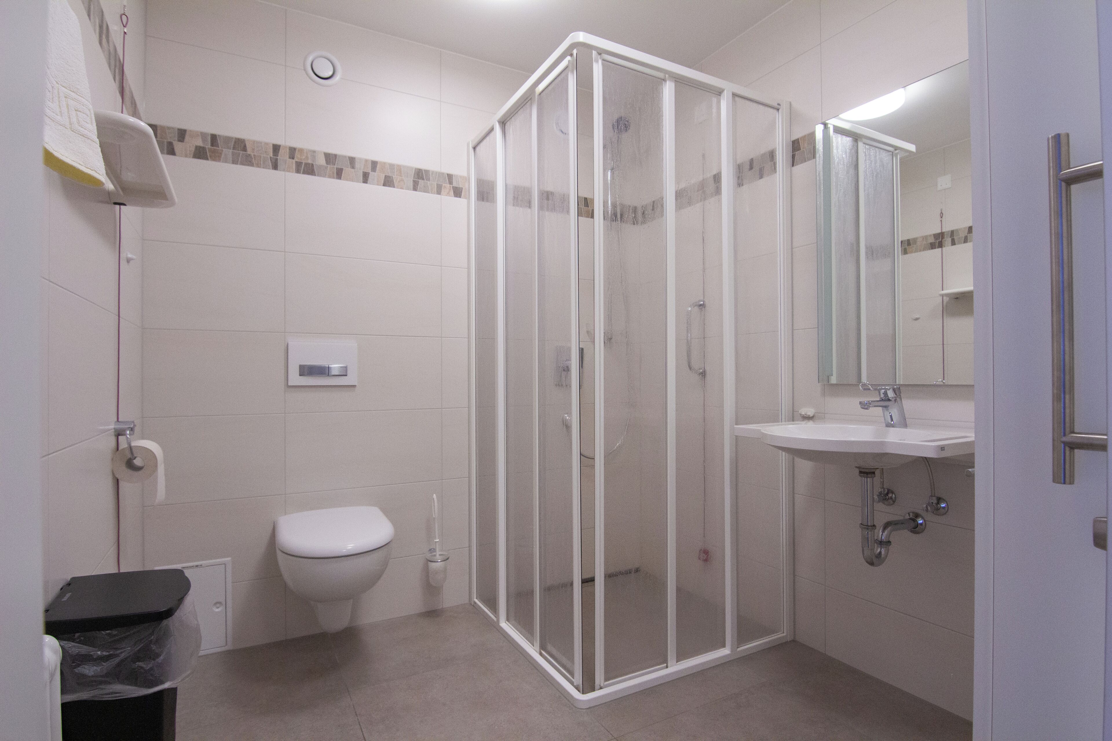 A bathroom with a glass shower enclosure, a toilet, a sink with a mirror, and a trash bin.