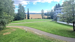 A grassy area with a paved path leading to a building with a modern design. - Green Night Hotel (Falkenstein/Vogtl.)