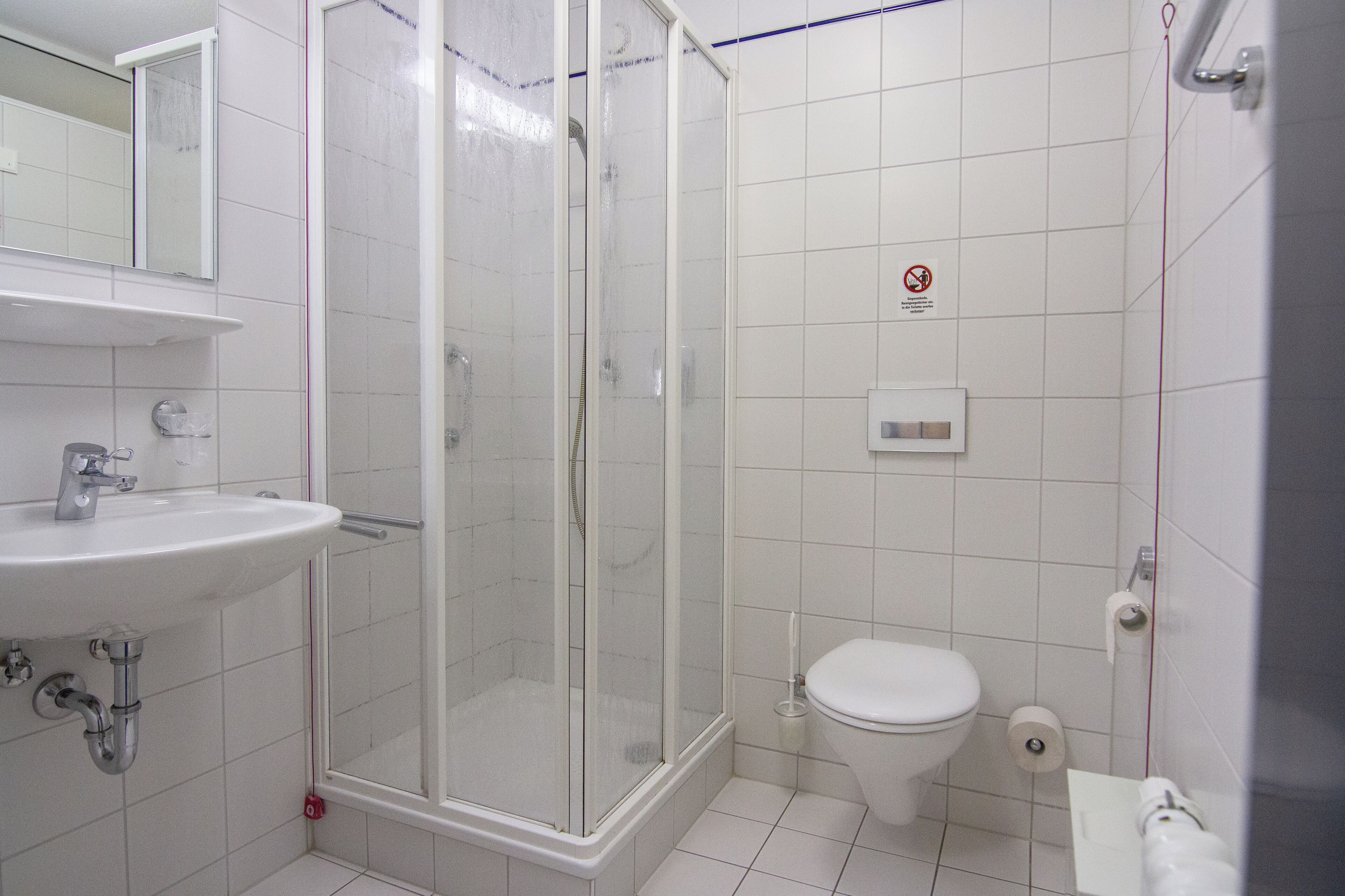 Un bagno con doccia, WC, lavandino e uno specchio.