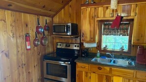 A kitchen with wooden cabinets, a stove, a microwave, and a sink. - Charming Cabin near Kentucky LK (Camden)