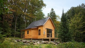 A wooden cabin with a metal roof, surrounded by a forest. - The Pines Cabin | New Tiny Home Near Mt Snow! (Wilmington)