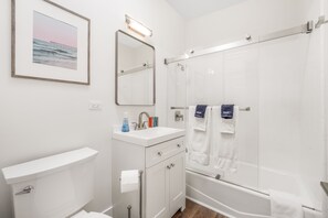Hair dryer, towels, soap, shampoo