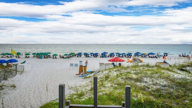 Une plage avec des parasols et des chaises longues, un rivage sablonneux et l’océan en arrière-plan.