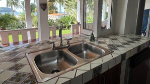 Una cocina con dos lavamanos de acero inoxidable, un salpicadero de azulejos y vistas a un jardín exuberante y palmeras.