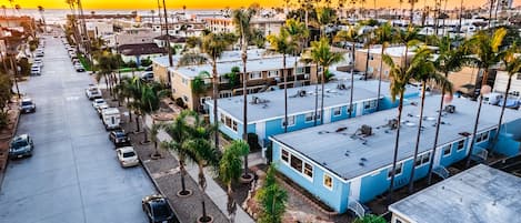 A coastal area with a row of blue buildings, palm trees, and parked cars.