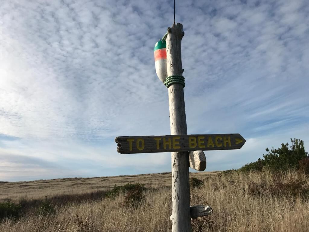 A wooden signpost with a directional sign pointing to the beach.