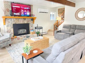 TV connectée, cheminée, lecteur de DVD, livres