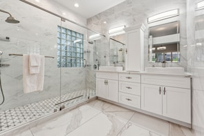 Hair dryer, towels, soap, shampoo