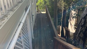 Eine hölzerne Treppe führt zu einem Balkon mit Metallgeländer, umgeben von Bäumen und einer Gebäudefassade.